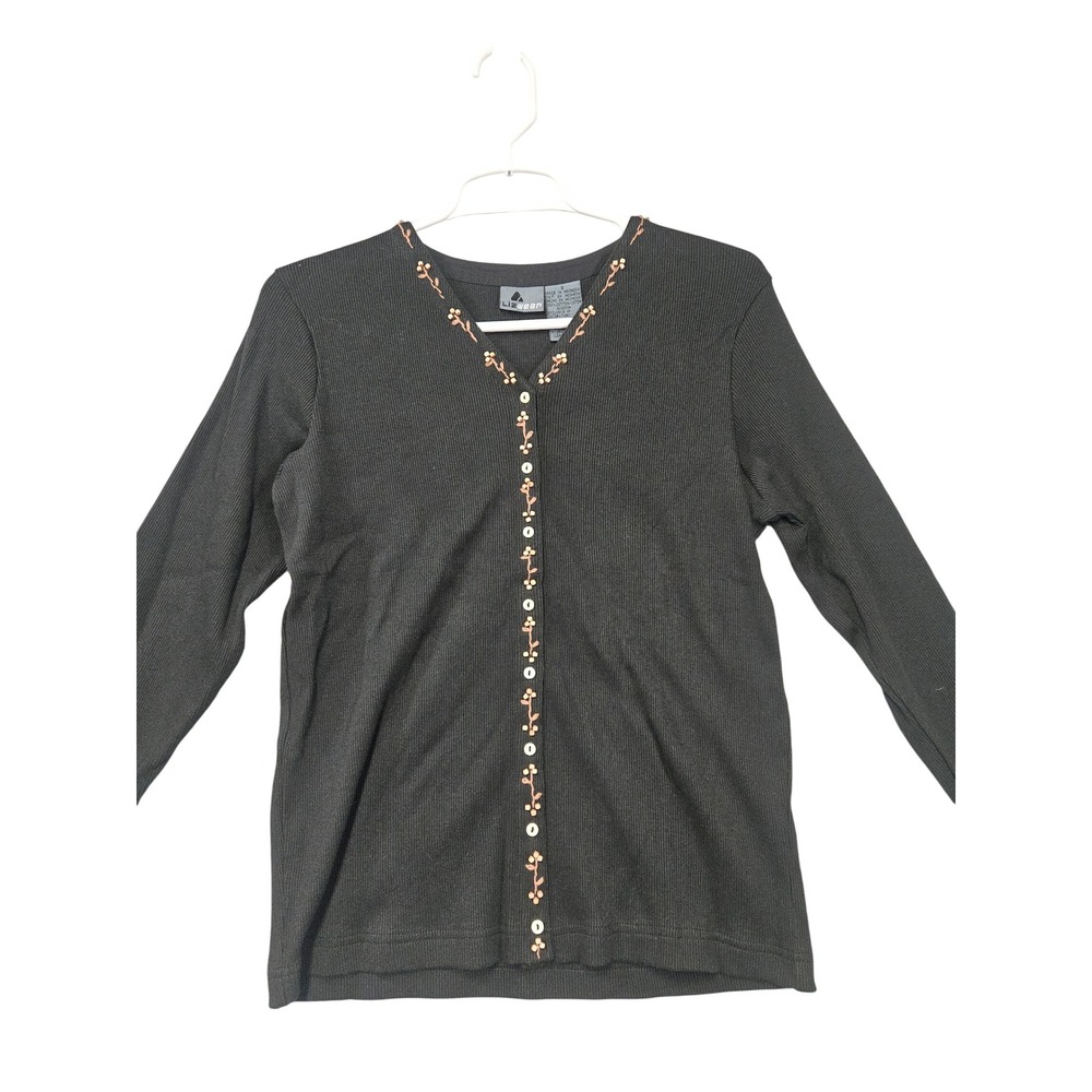 Lizwear Vintage Ribbed Cotton Cardigan Embroidered Beaded V-Neck Gray Green S